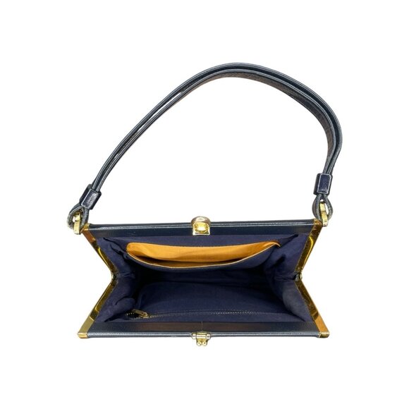 Vintag Leather Handbag Goldtone Hardware Clamshell Closure Navy Blue - Picture 5 of 8